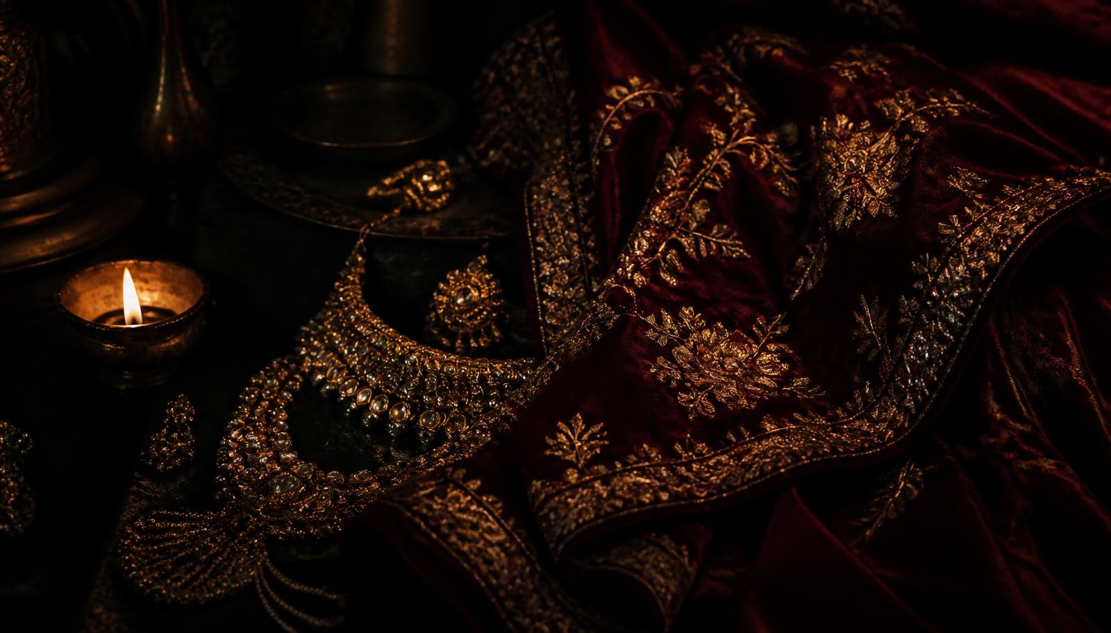 Hand-embroidered silk and heirloom gold jewellery photographed by candlelight