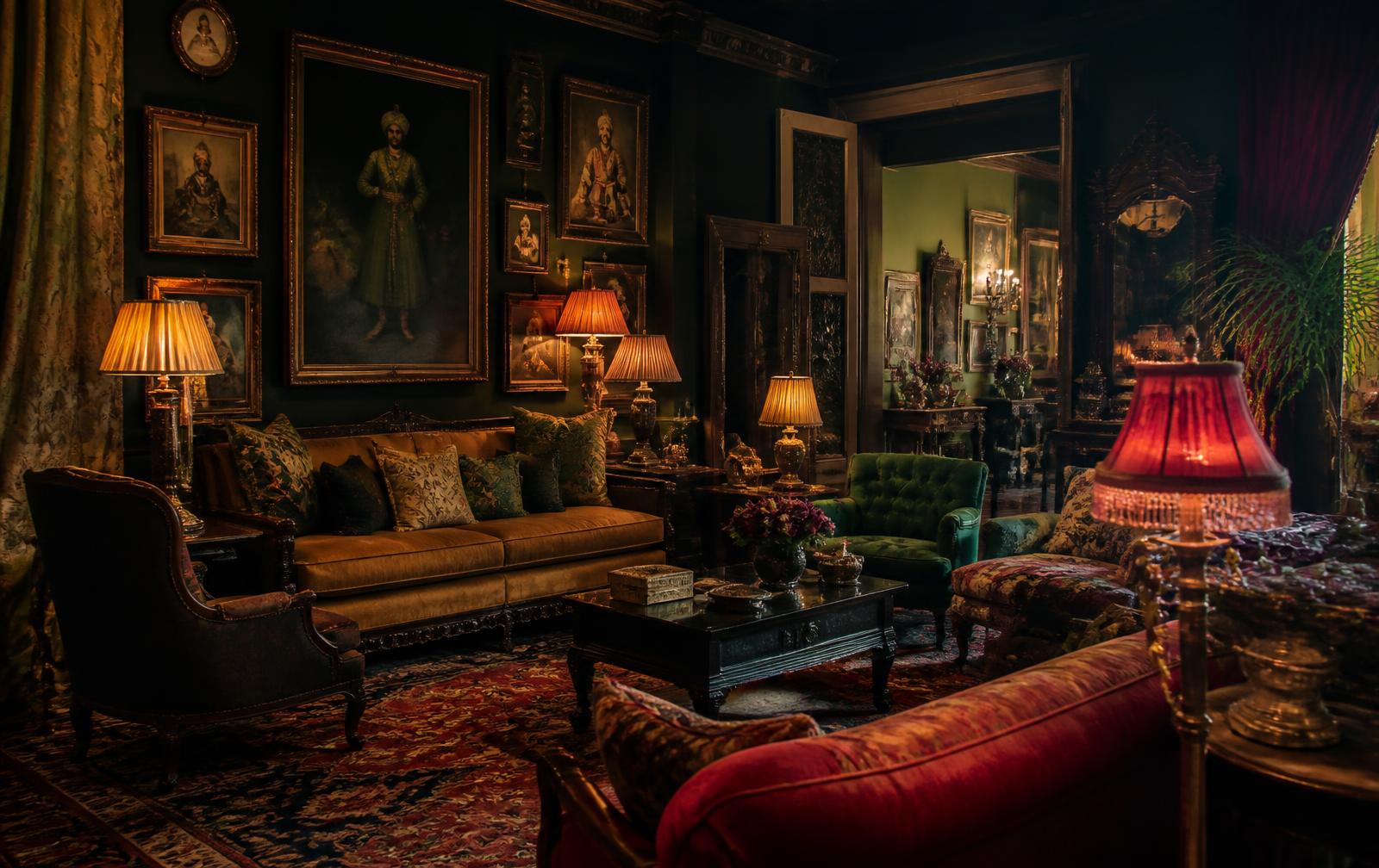A layered maximalist salon interior with antique portraits, textiles and lamplight